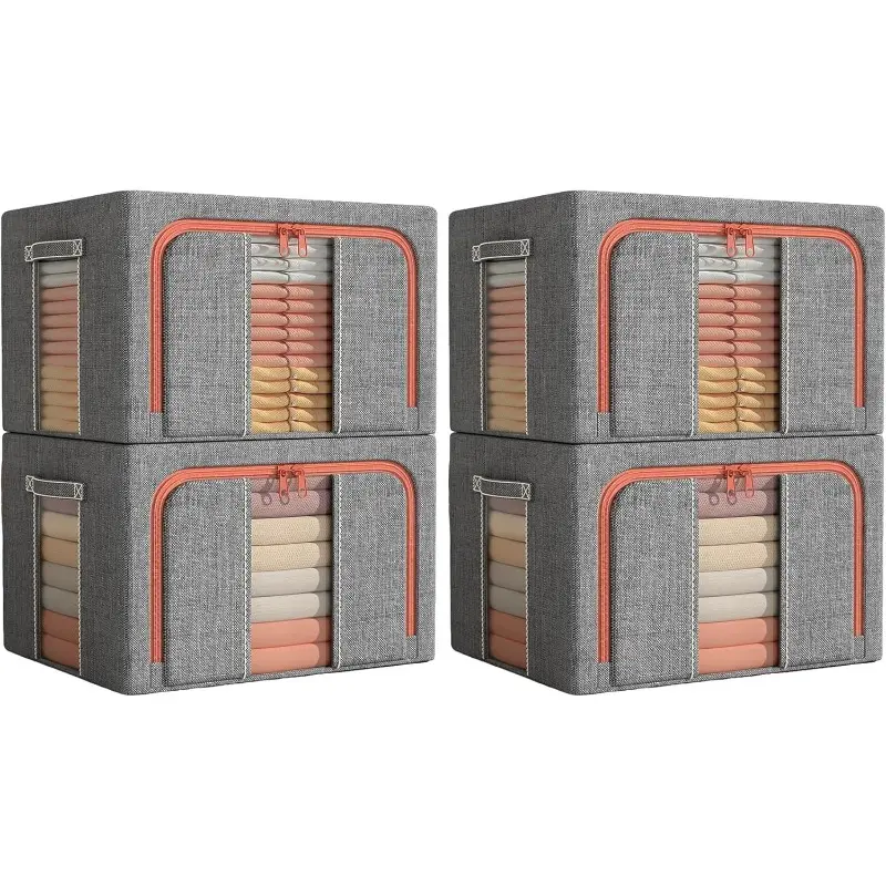 Wardrobe Storage Box 4 Pack 66L Stackable and Foldable Clothes Storage Box with Metal Frame Transparent Window and Handle for Bedding Clothes and Other Items (Gray 66L)
