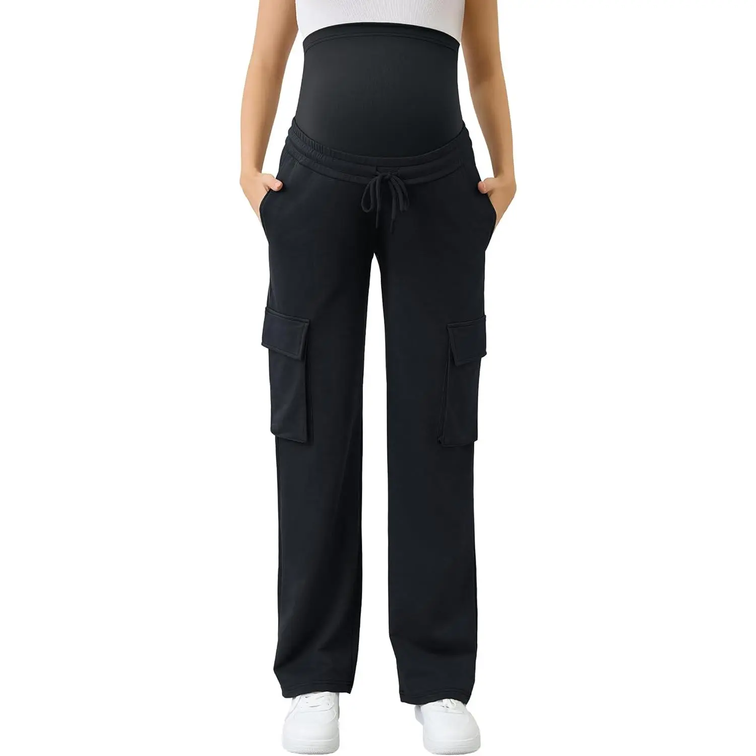 Women's Maternity Cargo Sweatpants - Over The Belly, Drawstring, Comfy Casual Maternity Clothes for Pregnant Women with 2 Cargo Pockets & 4 Useful Pockets