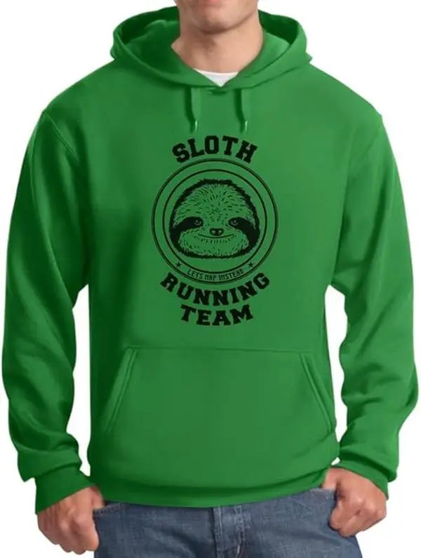 Tstars Men's Sloth Running Team Hoodie - Long Sleeve Pullover with Graphic Design, 50% Cotton 50% Polyester, Cozy Fleece Fabric, Center Pouch Pocket, True to Size Fit, Ideal Gift