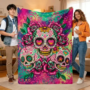 Mexican Gothic Bohemian Sugar Skull Plush Blanket 1 piece - Luxury Throw Blanket Suitable for Sofa, Bed, Travel, Soft Flannel Throw with Turquoise, Pink, Purple, Black, Blue Designs - Bedding Cover, Dorm Room