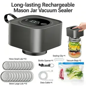 Kitchen Automatic Seal Jar Sealers - Electric Mason Jar Vacuum Sealer Kit with Wide & Regular Mouth Lids, 60kPa Automatic Vacuum Pump, 1800mAh Battery, 1-Touch Canning Machine for Food Storage Containers, Black