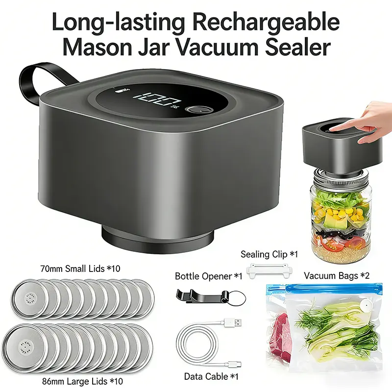 Kitchen Automatic Seal Jar Sealers - Electric Mason Jar Vacuum Sealer Kit with Wide & Regular Mouth Lids, 60kPa Automatic Vacuum Pump, 1800mAh Battery, 1-Touch Canning Machine for Food Storage Containers, Black