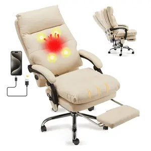 Erommy Reclining Executive Office Chair with Heat, Massage and Footrest, Beige