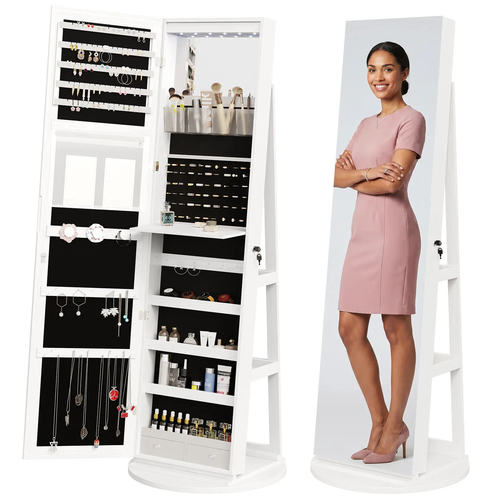 Sweetcrispy Outlet - 6 LEDs Standing Jewelry Armoire Cabinet, Full Length Mirror, Lockable | 360° Swivel, Jewelry Organizer and Storage, Build-in Mirror, Foldable Makeup Tray, Additional Storage Shelf
