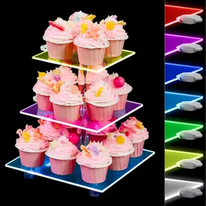 3 Tier Cupcake Stand with Rechargeable 7 Color Light Clear Acrylic Cupcake Holder for 24 Cupcakes Clear Dessert Display Stand for Party