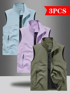Men's Lightweight Outdoor Vest Set, Commuter Fishing Multi-Pocket Waistcoat, Solid Color Versatile Sleeveless Shirt Stand Collar Casual Jacket