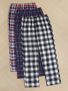 Men's Plaid Pajamas Home Pants Set of Three, Drawstring Waist Loose Fit Casual Sleepwear Loungewear Homewear, Long Regular Length Checked for Fall & Winter