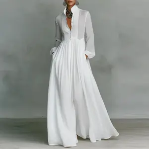 French-style elegant high-waisted long skirt for women, spring solid color pocket pleated long skirt, autumn long-sleeved button evening dress
