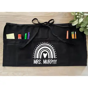 Personalized Teacher Apron with pockets: Boho Rainbow White