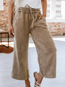 Women's Brown Washed Wide Leg Pants Elastic Drawstring Waist Casual Bottoms Perfect for Brunch, Shopping & Weekend Getaways