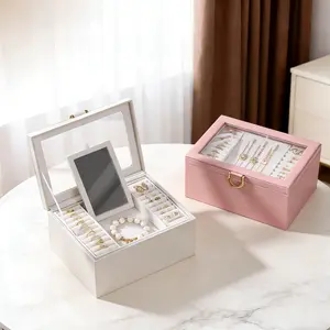 Casegrace Double-Layer Jewelry Box with Detachable Mirror/Necklace Hook Panel & Customized Watch Pillows Large Capacity Storage Display Case With Detachable Tray Modern Home Desktop Decor