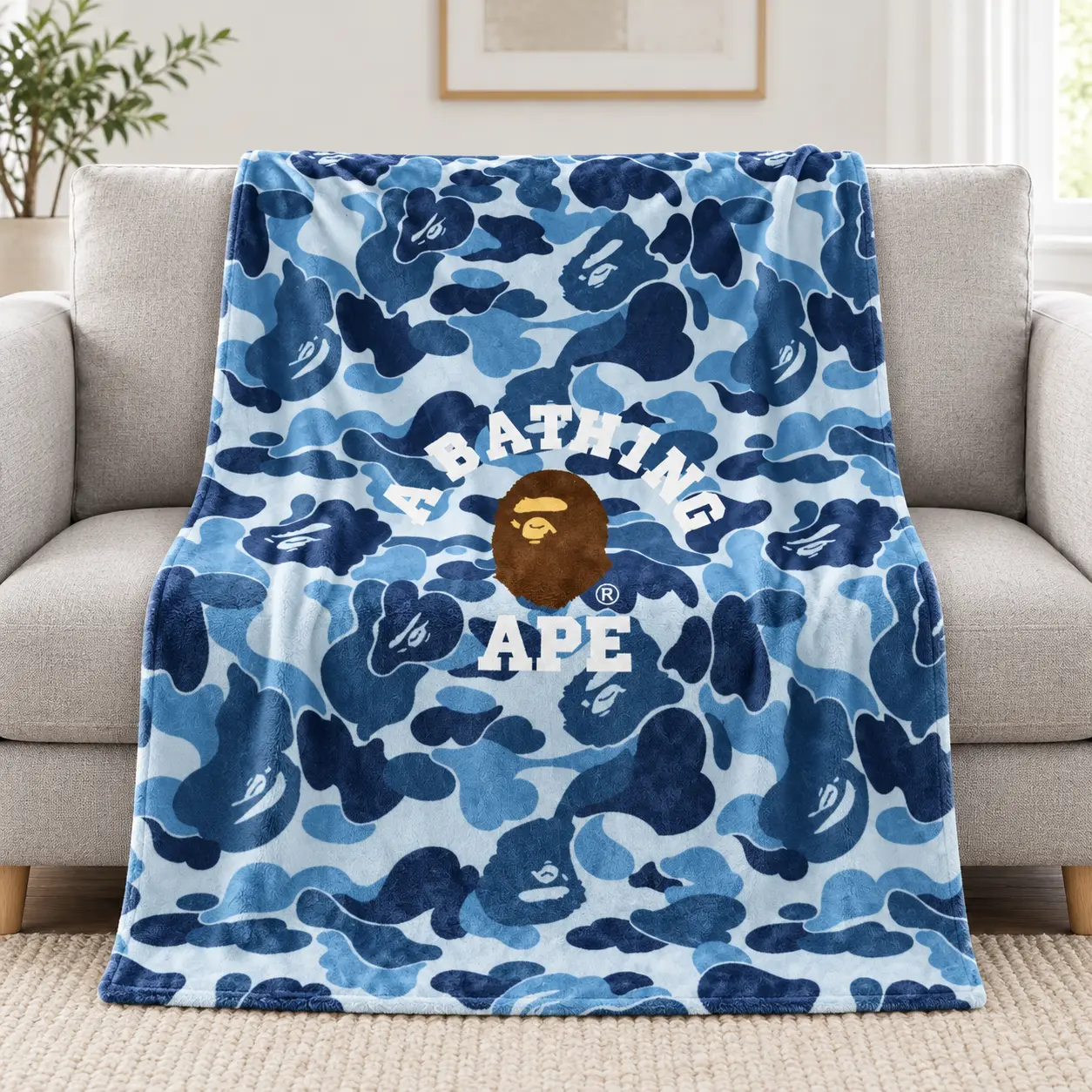 BAPE A Bathing Ape Camo Print Flannel Throw Blanket with Ape Head Logo Soft Cozy Blanket for Couch Bed Dorm Room Decor and Gifts for Streetwear Fans