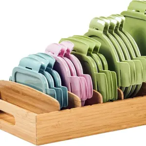 Kitchen Cabinet Organizer for Food Storage Container Lids, with Adjustable Dividers, Bamboo Drawer Caddy, Box for Kitchen Storage And Organization