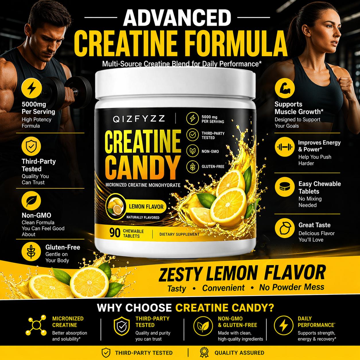 Creatine Candy Chewable Tablets 5000mg Per Serving, Micronized Creatine Monohydrate, Lemon Flavor, Pre & Post Workout Energy Support, Non-GMO, Gluten-Free, 90 Count Dietary Supplement