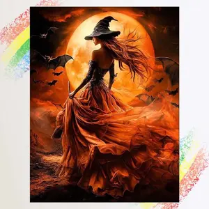 1pcs 5D DIY diamond painting kit, 5D diamond art set, DIY decoration, witch, full moon, bat diamond painting kit with full round drills, mosaic, diamond art, DIY art home decoration, suitable for Halloween and Christmas.