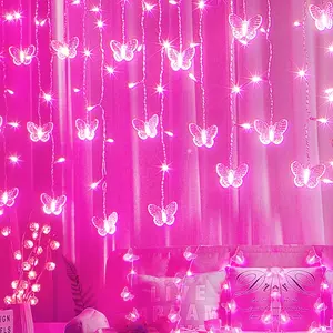 Butterfly Curtain Fairy Lights USB Plug in,120 LED 8 Modes 20FT Firefly Twinkle Icicle String Lights with Remote Timer  Copper Wire for Bedroom Patio Christmas Wedding Party Dorm(Pink)