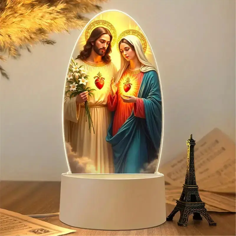 Acrylic LED Night Light - Style 1, Warm Color, Modern Minimalist, USB-Compatible, Camping & Hiking Light, Virgin Mary & Jesus Sacred Heart Church Religious Art Gift, Bedroom Altar Desktop Table Lamp Decor
