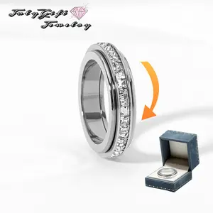 Rotate Rings Cubic Zirconia Stones Spinner Fidget Band Rings for Women Men Comfort Fit Size 5 to 10