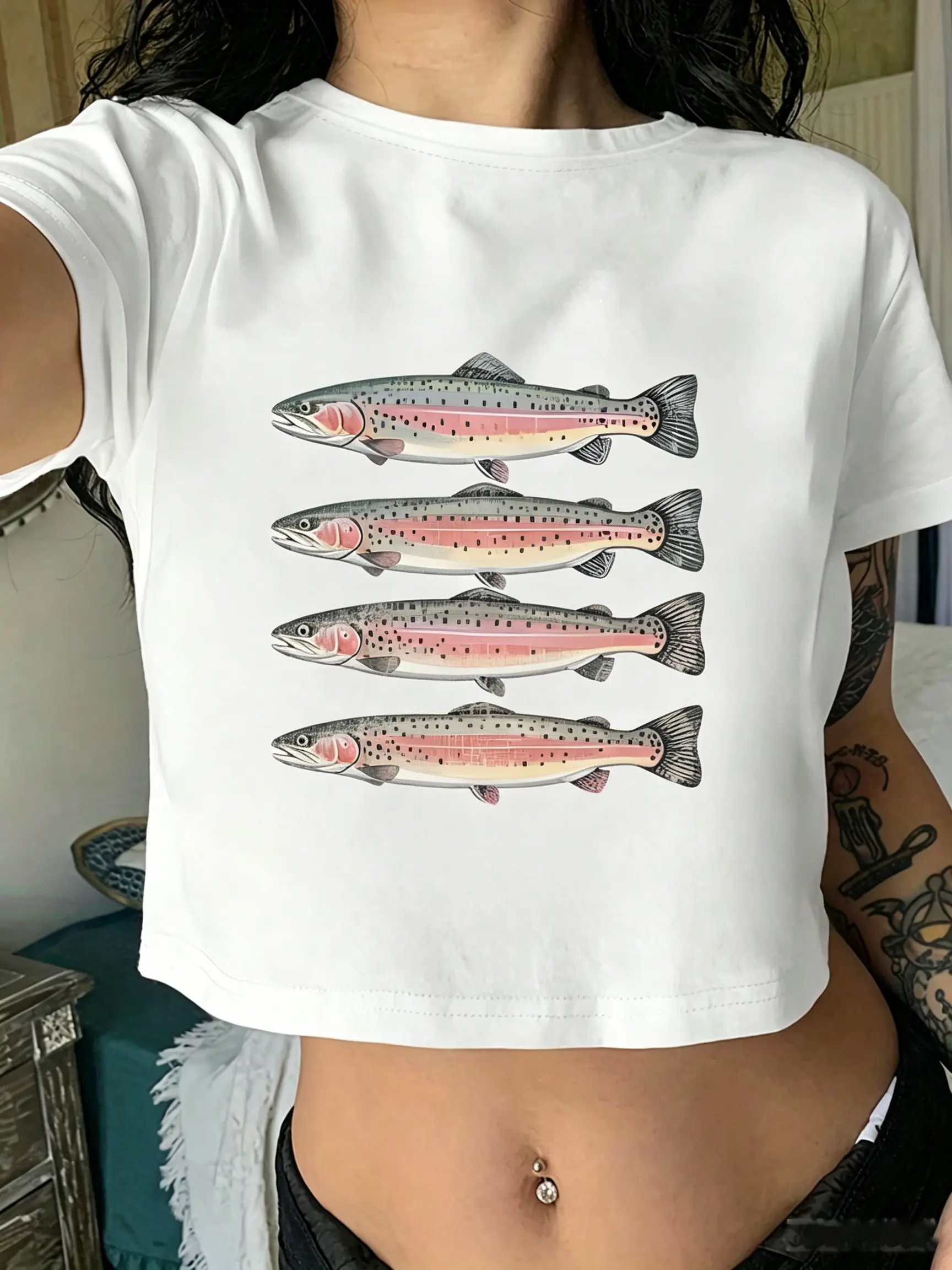 Vintage Trout Fish" Nature Print Slim Fit  Baby , Women's Casual Summer Tops, Summer Outfits For Women, Vacation Outfits Women, Fishing Lover Apparel Crop Top graphic