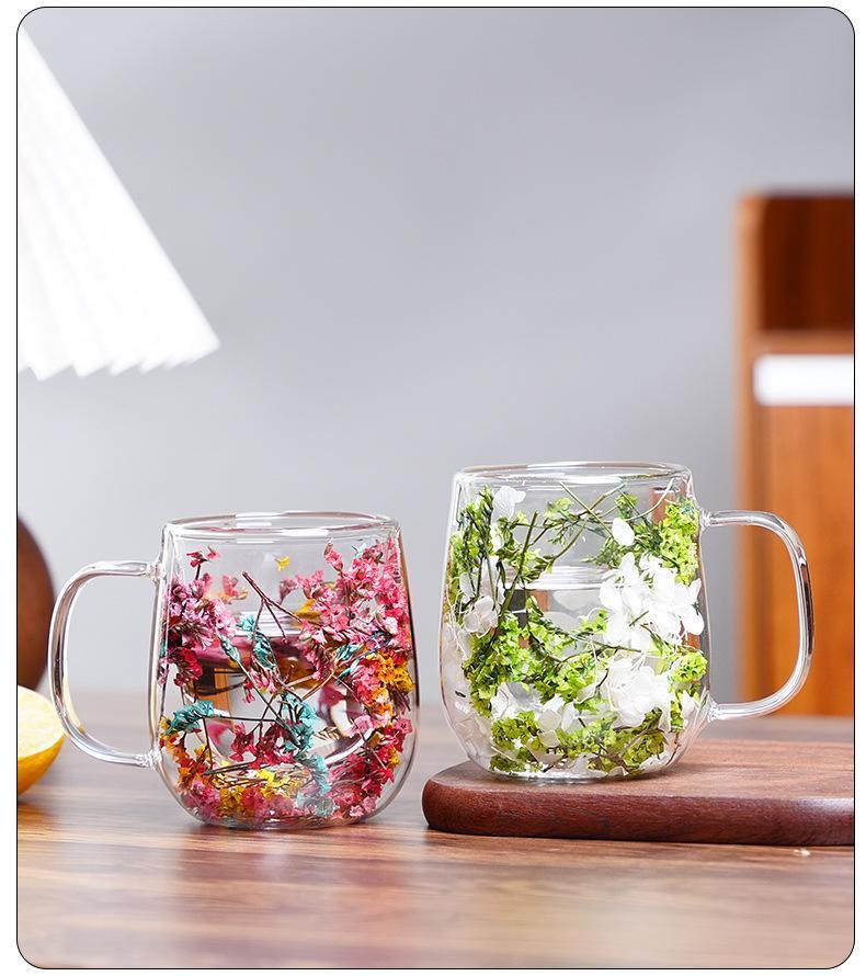 Double Glass Flower Tea Cup, 250ml Double Wall Glass Coffee Cup, Insulated Transparent Cup with Dried Flowers, Heat Resistant Drinkware Tumbler, New Year Gift.The top choice for Mothers Day Gift