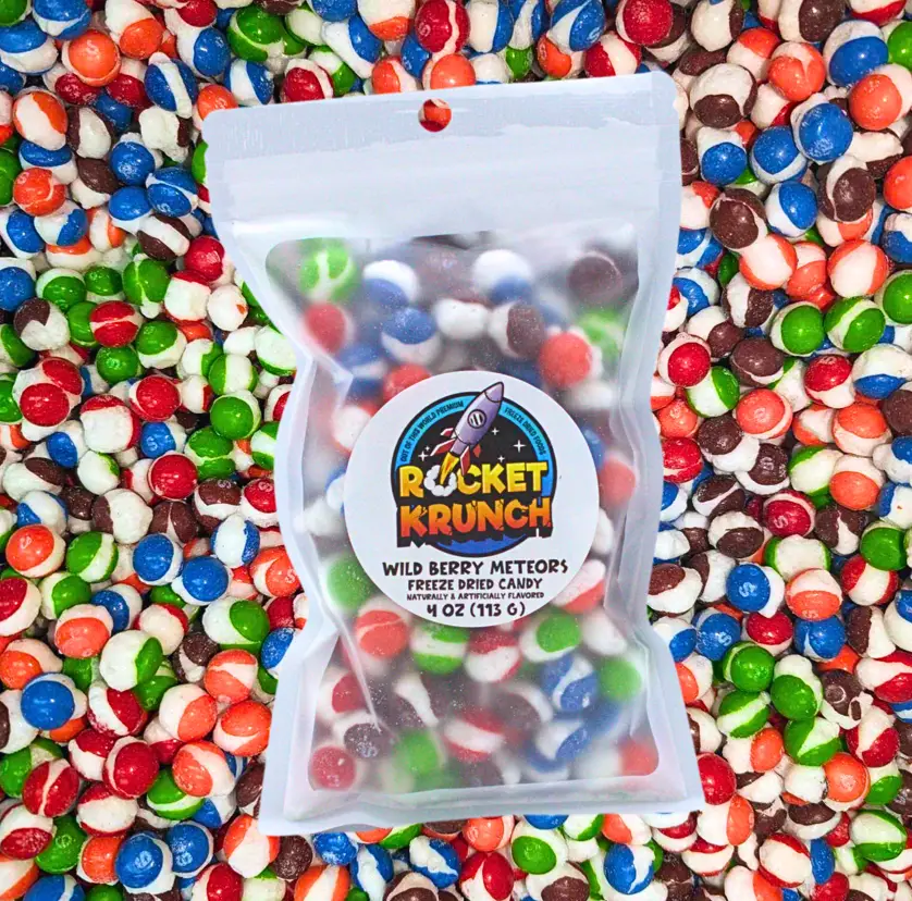 Rocket Krunch 4 oz Wild Berry Meteors Freeze Dried Candy Sweet Snack Bonbon Candies Fruit Gummies Crunchy Perfection Portable