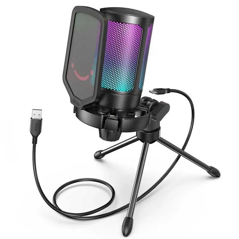 Fifine USB Gaming Microphone for PC PS5 with Quick Mute, Gain Control, RGB Lighting, Pop Filter, Shock Mount & Tripod Stand, High Sensitivity, Cardioid Pattern for Gaming, Streaming & Podcasts, USB-C Wired