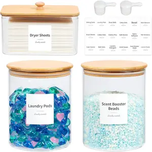 Glass Laundry Pods Container & Acrylic Dryer Sheet Holder with Bamboo Lids, Scoops & Labels| Premium Laundry Room Organization and Storage for Detergent Pods, Powder, Dryer Balls & Beads