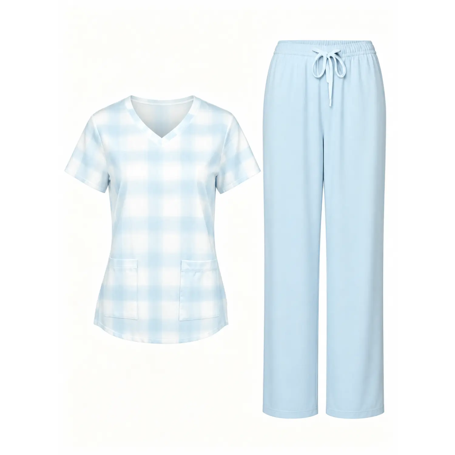Light Blue Plaid V-Neck Nurse Scrub Set with Elastic Drawstring Pants & Two Front Pockets for Medical Work
