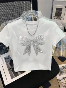 Women's Sequined Bow Short Sleeve T-Shirt, Slim Fit, Chic Y2K Style, Breathable Fabric, Casual, Everyday and Party Wear