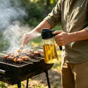 2-in-1 Kitchen Oil Bottle & Cooking Sprayer, Auto-Clamp Lid, 470ml Wine-Glass Style Pour Spout, for Salads, Frying, and Grilling