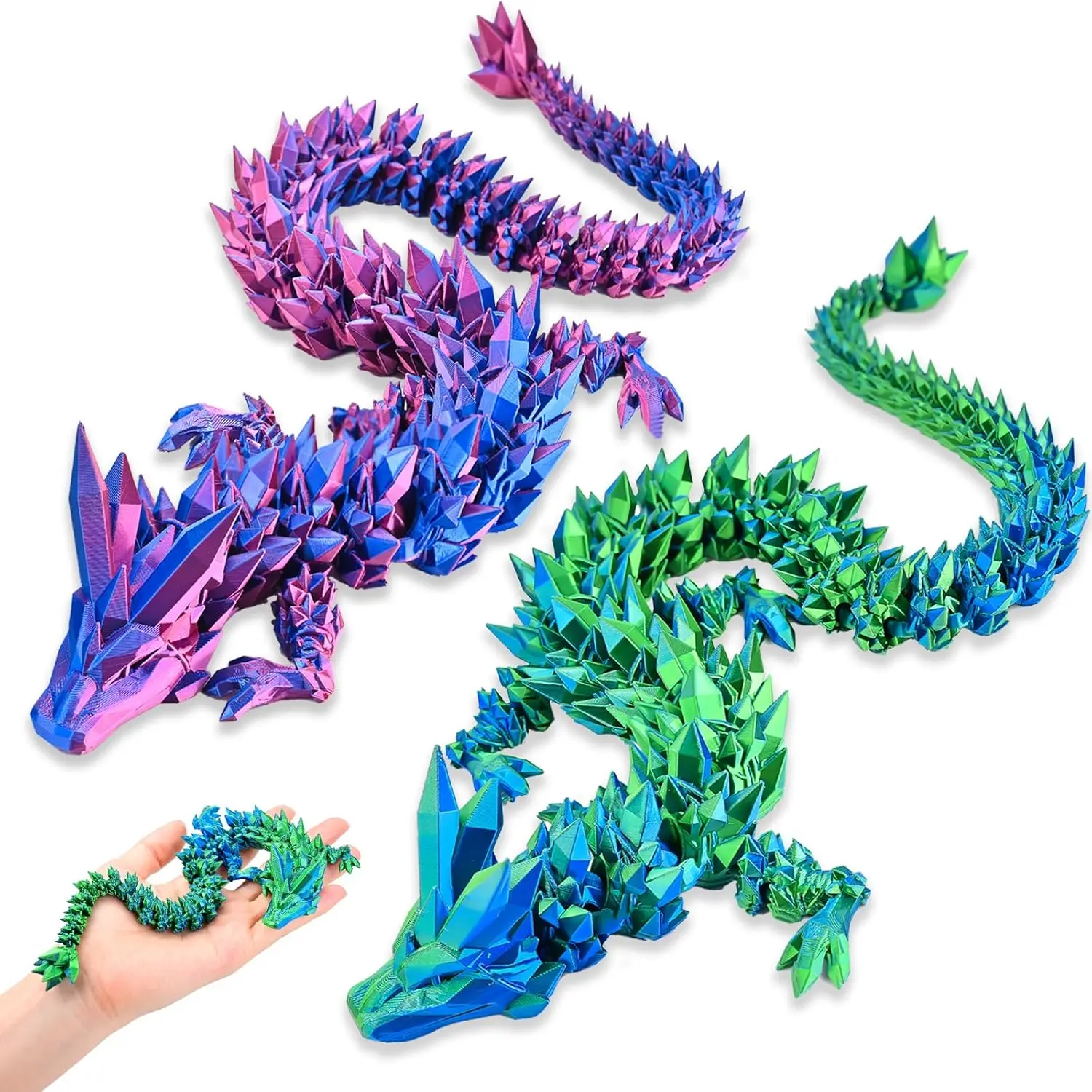 3D Printed Dragon 2 Pack Without Egg, 12 Inch 3D Dragon Flexible Articulated Fidget Toy Blue Green & Red Blue,3D Printed Fidget Toys, Boys Toys for Birthdays, Halloween