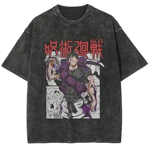 Toji Fushiguro Graphic Tees Oversized Shirts Men's Shirts Graphic Tees Oversized Shirts Men's Shirts Jujutsu Kaisen Vintage Washed Cotton Tee Red Purple Print Streetwear Casual Daily Wear Outfit With Denim Jeans Sneakers Cap Ideal Gift For Anime Fans