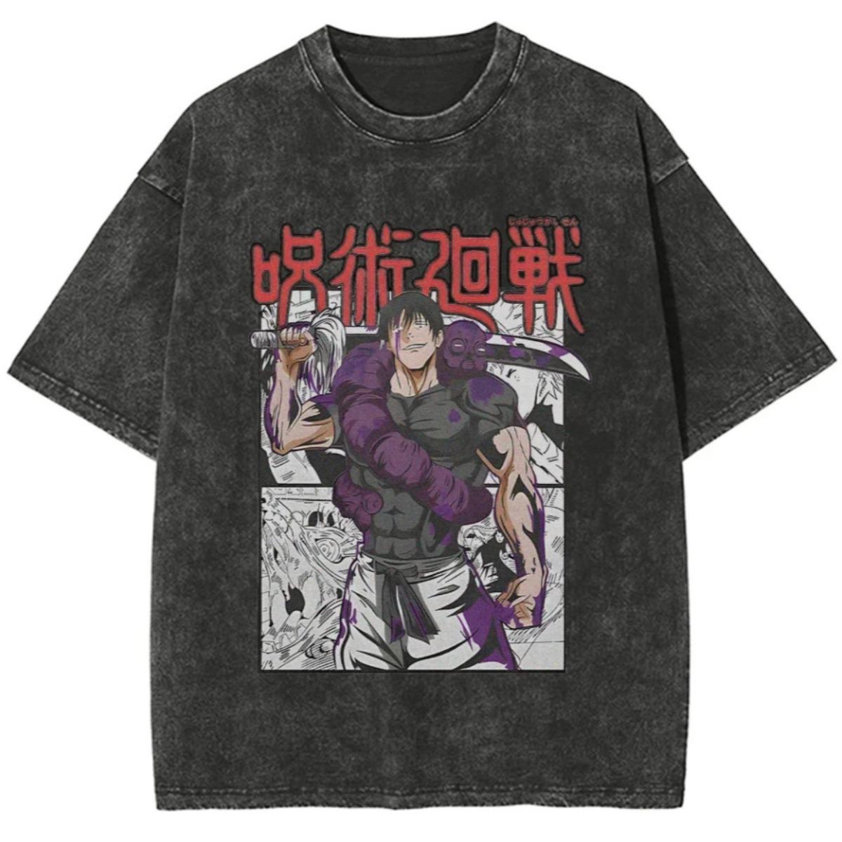 Toji Fushiguro Graphic Tees Oversized Shirts Men's Shirts Graphic Tees Oversized Shirts Men's Shirts Jujutsu Kaisen Vintage Washed Cotton Tee Red Purple Print Streetwear Casual Daily Wear Outfit With Denim Jeans Sneakers Cap Ideal Gift For Anime Fans