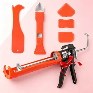 All in One Caulking Tools, 6Pcs Caulk Tool Kits with 10 OZ Silicone Caulking Gun and Scraper, 3 in 1 Sealant Finishing Grout Scraper for Bathroom Kitchen Sink Joint, Reusable Grip