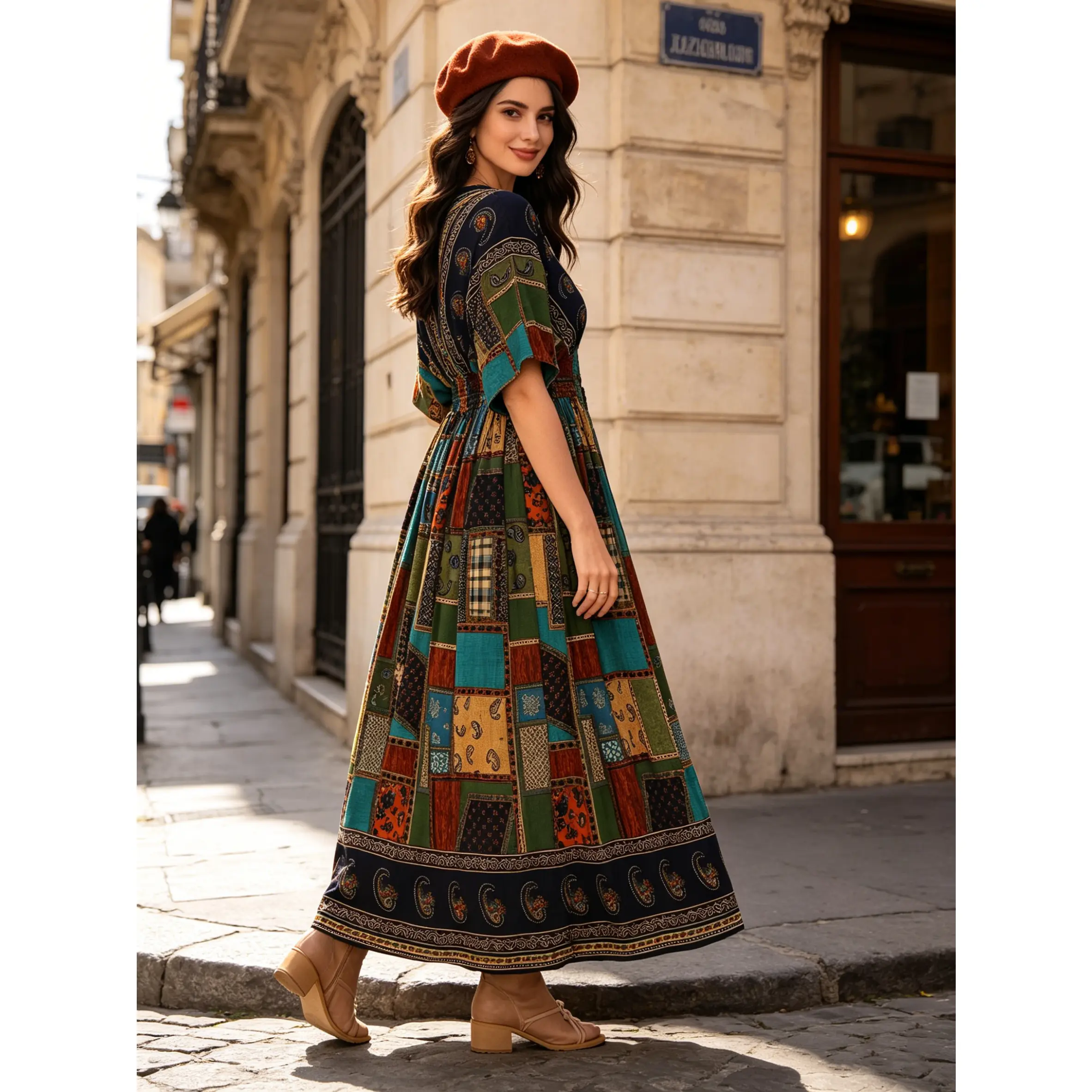 Women's Bohemian Elegant Maxi Dress - Ethnic Patchwork Print, V-Neck, Smocked Waist, Lightweight Breathable Drape Fabric, Contrast Binding, Wrinkle-Resistant, Tropical Island Statement Piece for Travel, Beach, Brunch, Cruise OOTD