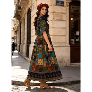 Boho Patchwork Paisley Maxi Dress Smocked High Waist Flowy Gown | Standard & Plus Size S-XXL | Perfect for Beach Vacation, Summer Resort & Festivals