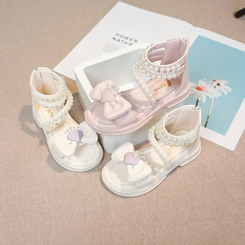 Girls Pearl Decorated High-Sandals with Bowknot Breathable Lightweight Non-Slip Outdoor Casual Beach Shoes Pink White Optional Sports Shoes Children Champagne Mary Jane High Heel Dance Shoes