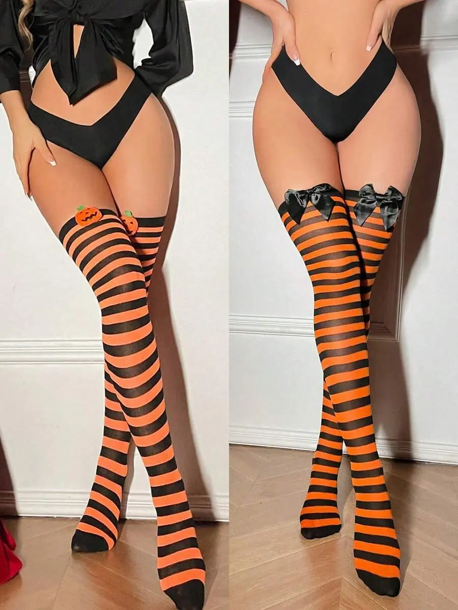 1/2 Pairs Women Orange Black Striped Bowknot Pumpkin Halloween Thigh High Over The Knee Witch Socks Stockings Halloween Costumes Party