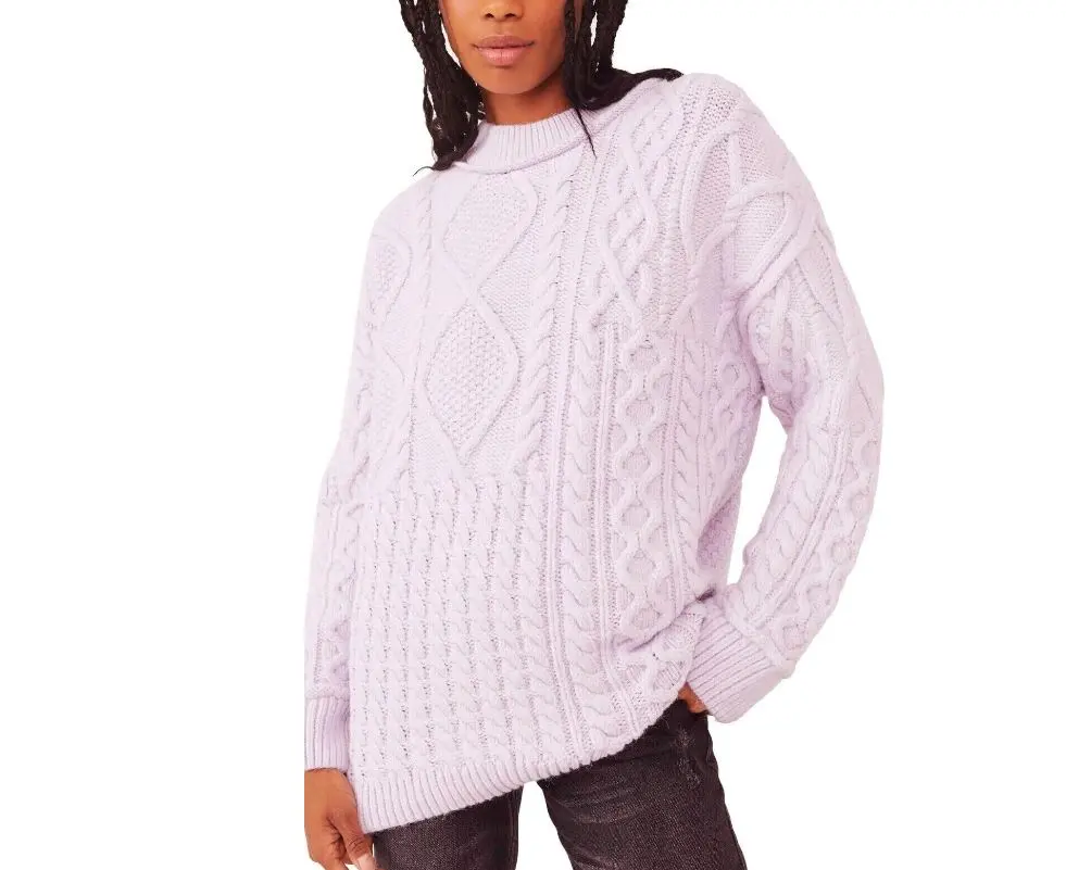 Free People Womens Leslie Cable Knit Oversize Sweater Frost Lavender L Chunky Knitwear