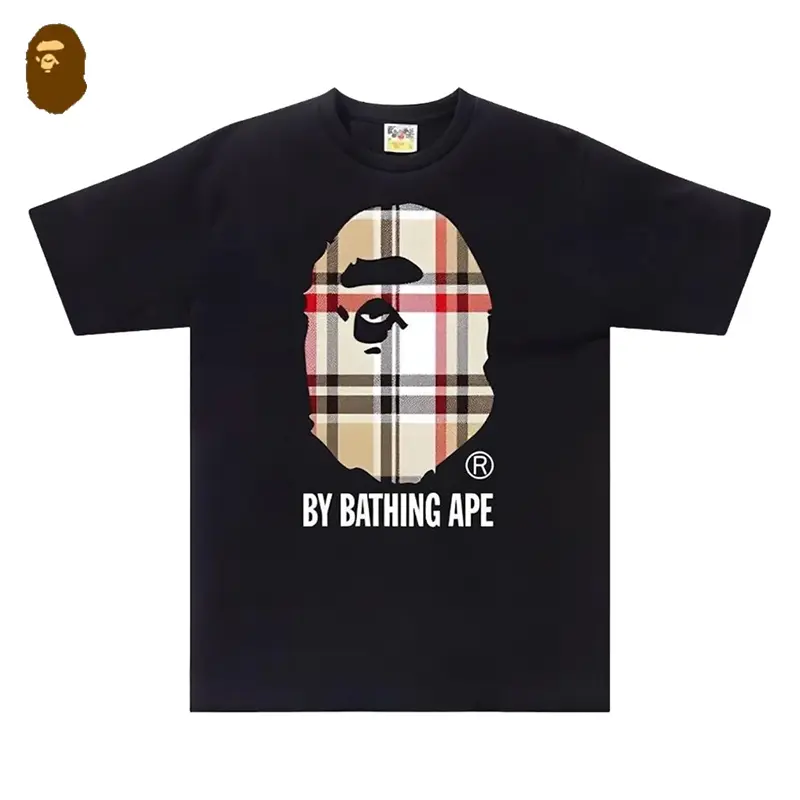 BAPE A Bathing Ape Check by Bathing Tee 100% Cotton Plaid Ape Head Graphic T-Shirt Crew Neck Short Sleeve Streetwear Casual Unisex Top