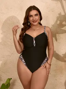 Plus Size Leopard Patchwork Print Ruched Ring Linked Adjustable Strap One-piece Swimsuit, Women's Plus Size Backless Swimwear for Summer, Ladies Swimsuit for Beach Holiday Vacation, Tummy Control Swimsuits, Adjustable Straps Swimsuit