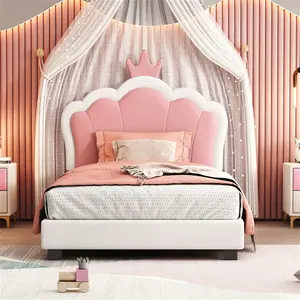 Twin Size Upholstered Princess Bed with Crown Headboard,Twin Size Platform Bed with Headboard and Footboard, Cream+Pink