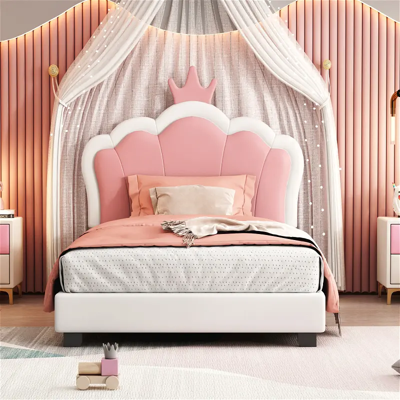 Cream-Pink Twin Size Sturdy Modern DIY Wood PU Leather Upholstered Princess Platform Bed Frame with Crown-Shape Headboard & Footboard, 80.00x61.50x44.00in, Bedroom Upholstered Bed Frame