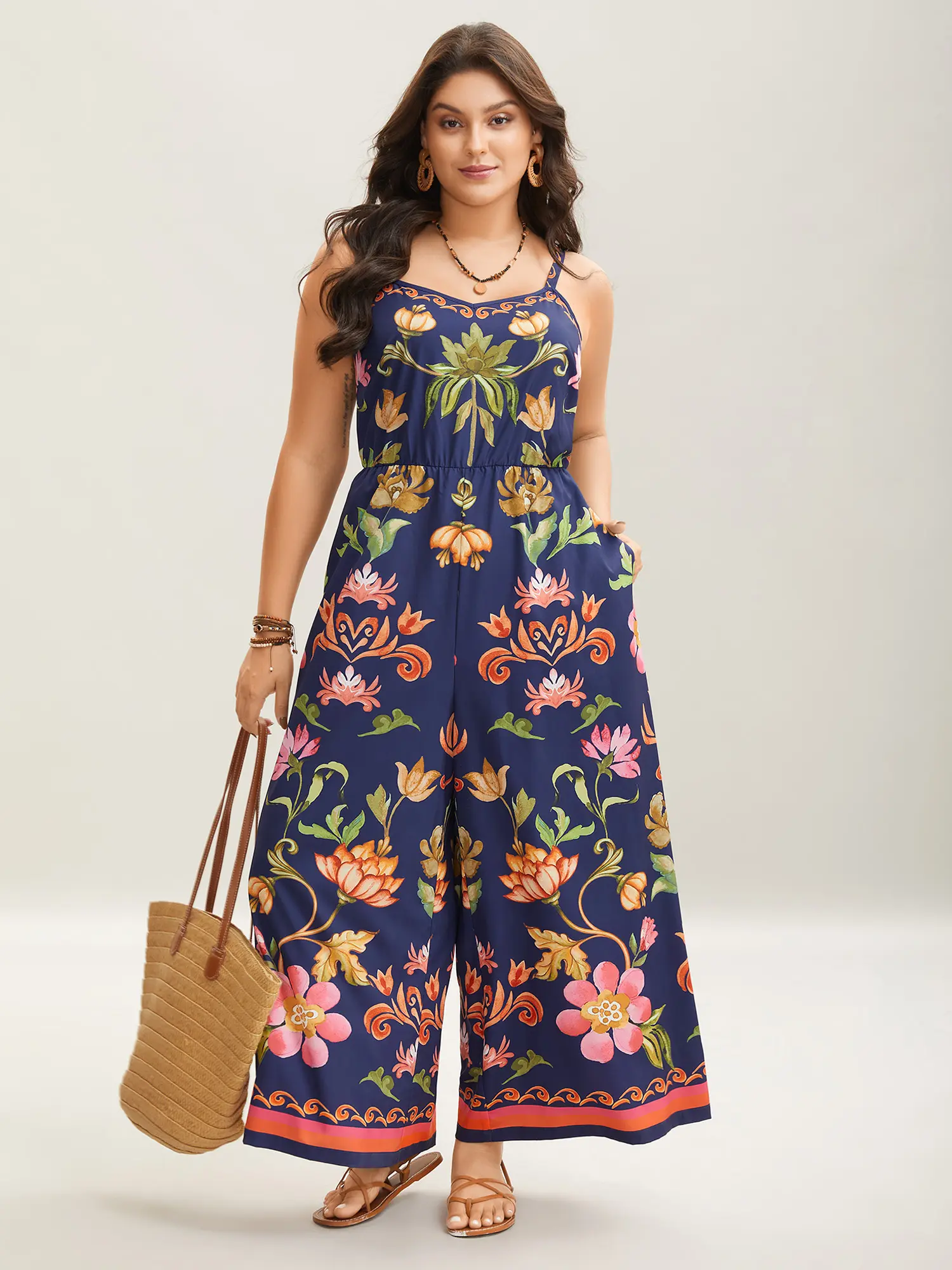 BLOOMCHIC Women's Plus Size Bohemian Tropical Floral Print Sleeveless Cami Overalls - Flattering Fit Pockets [M-6X] - Women's Clothes Clothes Plus Size Fashion Floral Boho Styles Boho Print Designs,summerwins,Summerfinds