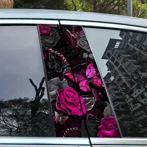 2pc Butterfly Rose Car B Pillar Protection Sticker, Easy Peel & Stick, Sunproof Waterproof Scratch Resistant, Fits All Cars, Car Exterior Decoration, Universal Car Sticker