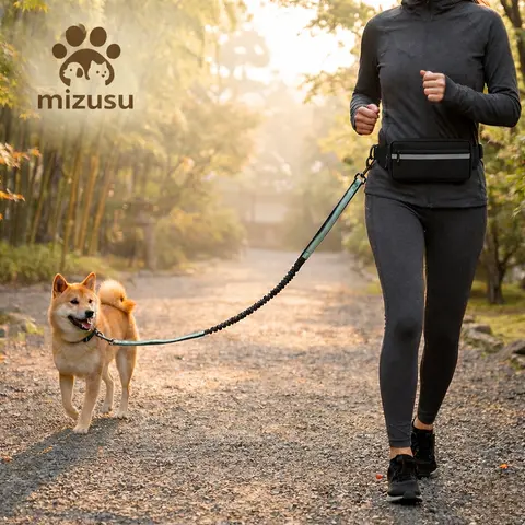 Hands-Free Dog Safety Leash - Detachable Waist-Worn, 27-48 Inch Universal Fit, Mint Green Double Elastic Cord, 2 Extra Handles, Dual Padded Grips, Durable Shock-Absorption Design, Zip Pouch, Poop Bag Clip, Night Safety, for Walking, Hiking, Training