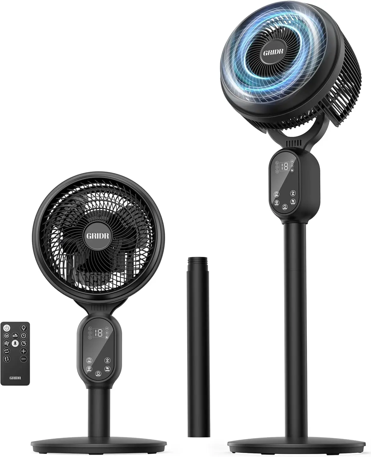 GRIDR Fan For Bedroom, Pedestal Fans 90°+90° Smart Oscillating, Standing Fans for Home 12 Speeds, 4 modes,12H Timer, Quiet Floor Fan with DC Motor 20dB, 90ft for Room, 22-35'' Adjustable Height-Black