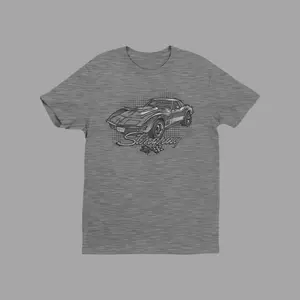 Corvette Stingray Classic Car T-shirt, Retro Sketch Style Graphic with Front Muscle Car Design and Checkered Flag Accents, Vintage Sports Car Tee for Enthusiasts and Collectors for Men & Women, Streetwear, Vacation Outfits, Summer Deals