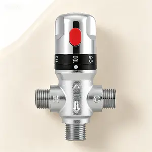 Temperature Control Valve with 1/2 NPT Thread, Shower Mixing Valve, Thermostatic Mixing Valve with NPT Connector, Fahrenheit Scale Mark, Solid Brass Construction, No Adapters Needed, Silver Finish