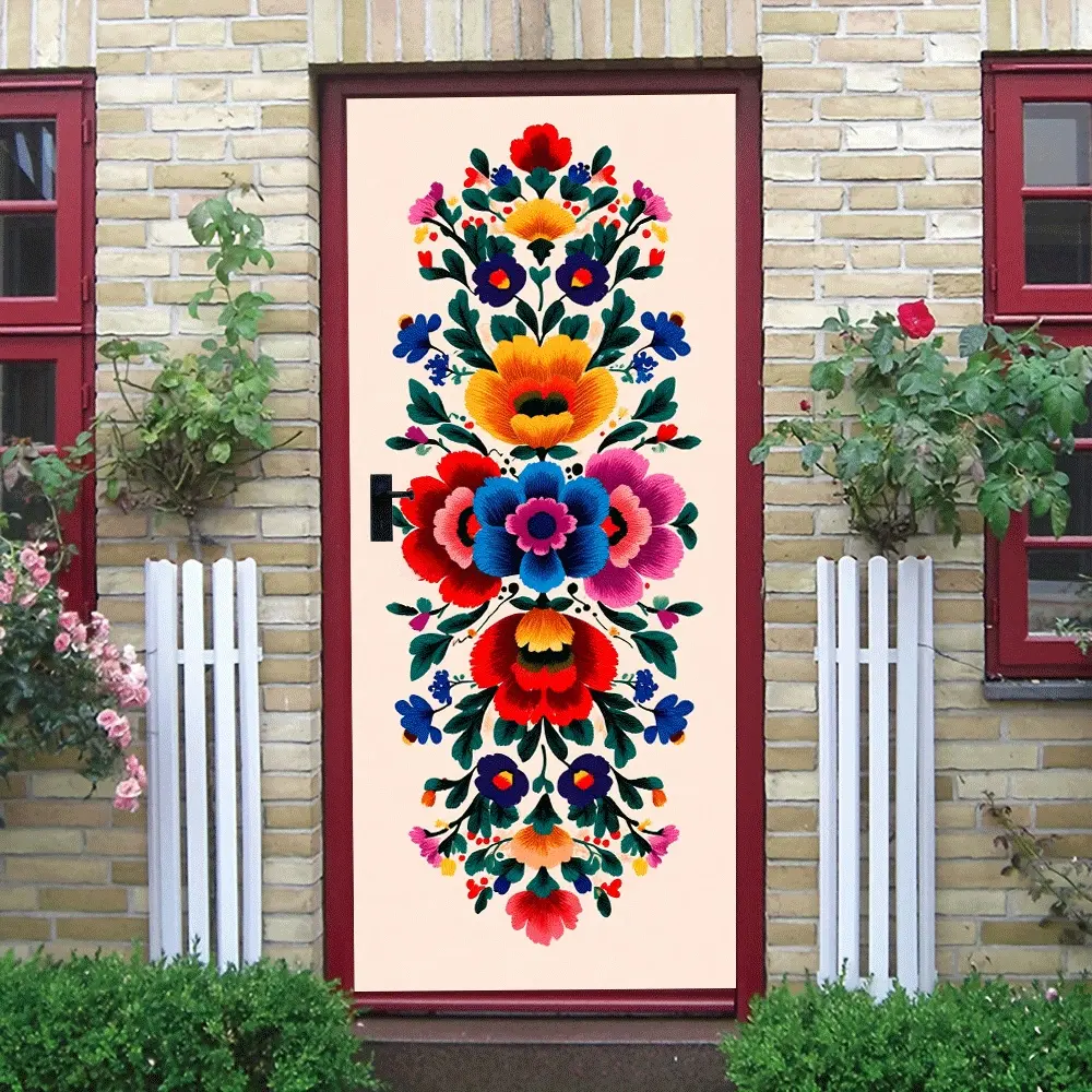 2pcs Bohemian Floral Embroidery Wall Stickers Creative Door Decoration for Bedroom Living Room Self Adhesive Removable Colorful Plant Pattern Decals Home Wall Art Decor Supplies Festival Party Decorative